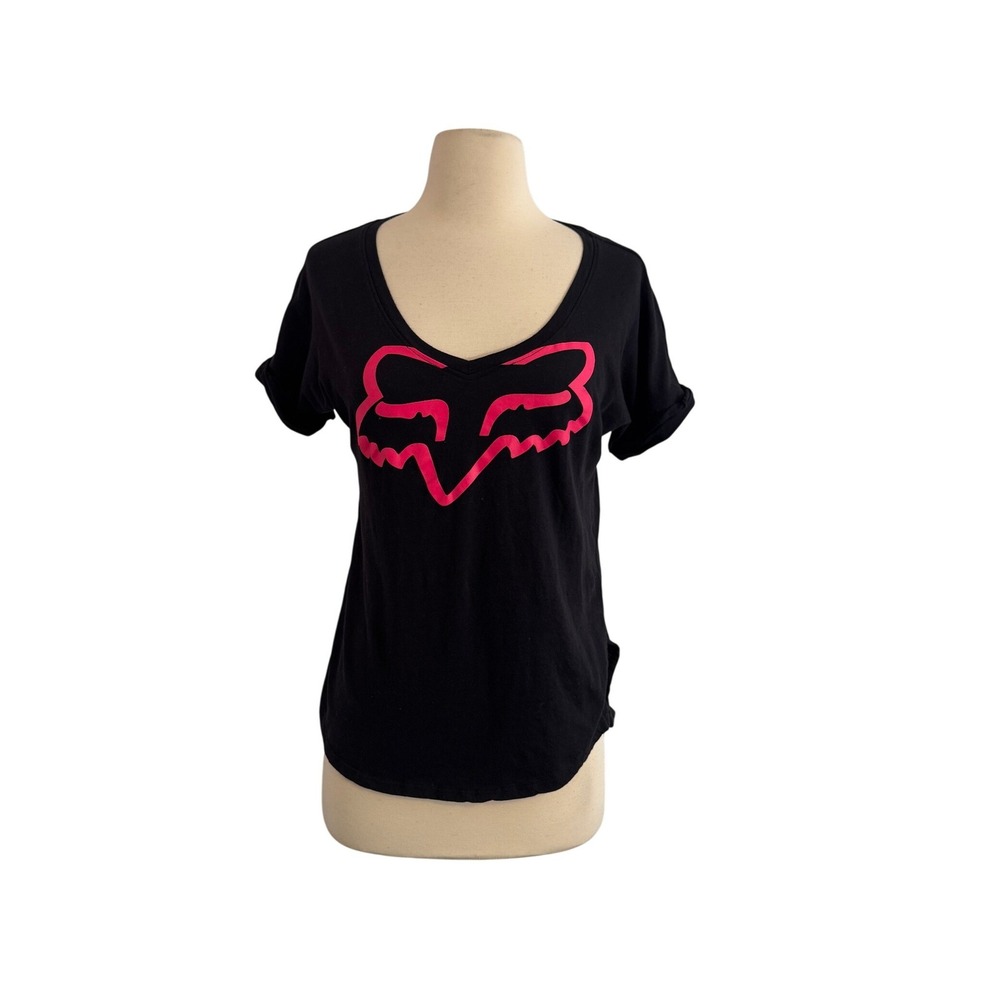 Fox Racing Womens V-Neck Graphic T-Shirt Black Pink Logo High Low Hem SZ XS